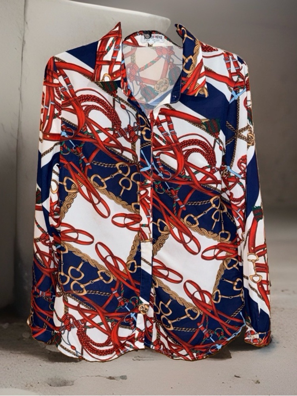 Fashion Nova Women’s Navy, White & Red Chain Print Blouse-M-EC